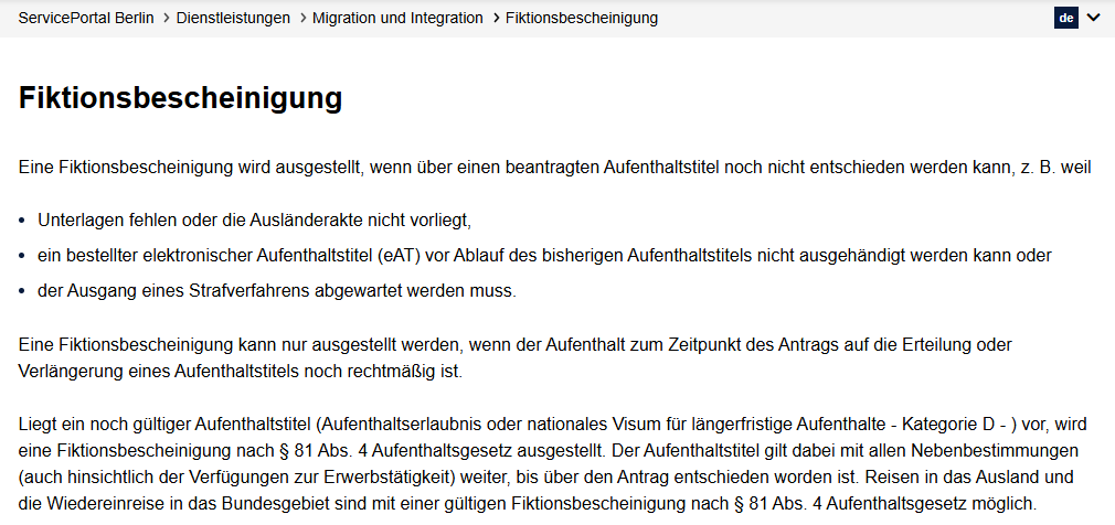 JCC Fiktionsbescheinigung