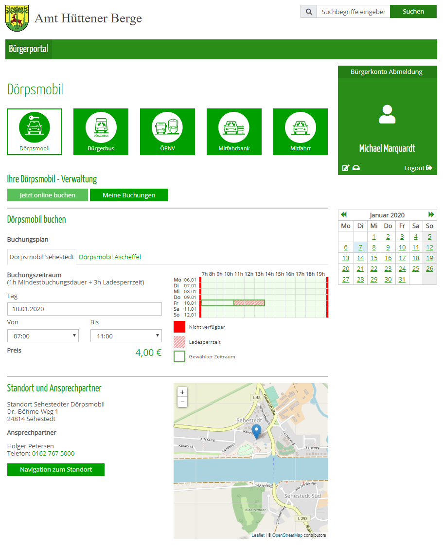 Mobilitätsportal mit Buchungsseite des gemeindlichen Dörpsmobils