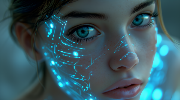 AI generiertes Portrait einer Frau mit blauen leuchtenden Symbolen