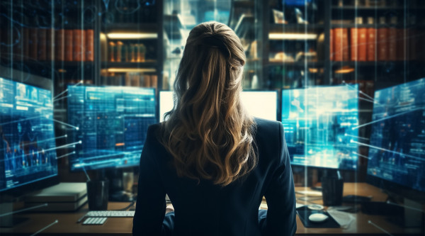 Frau von hinten sitzt vor mehreren Bildschirmen, futuristisch aussehendes AI generiertes Bild