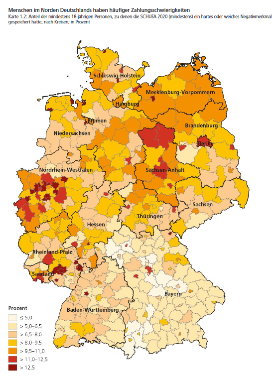 Abbildung 1: Anteil der Bevölkerung pro Landkreis mit mindestens einem Schufa-Negativmerkmal (Schufa 2021)