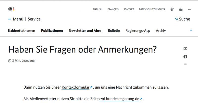 Kontaktaufnahme mit der Bundesregierung über ihre offizielle Webseite