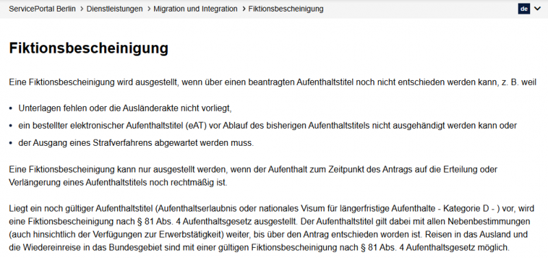 JCC Fiktionsbescheinigung