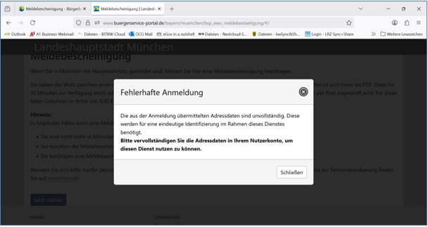 Bürgerservice Portal München / Fehlerhafte Anmeldung