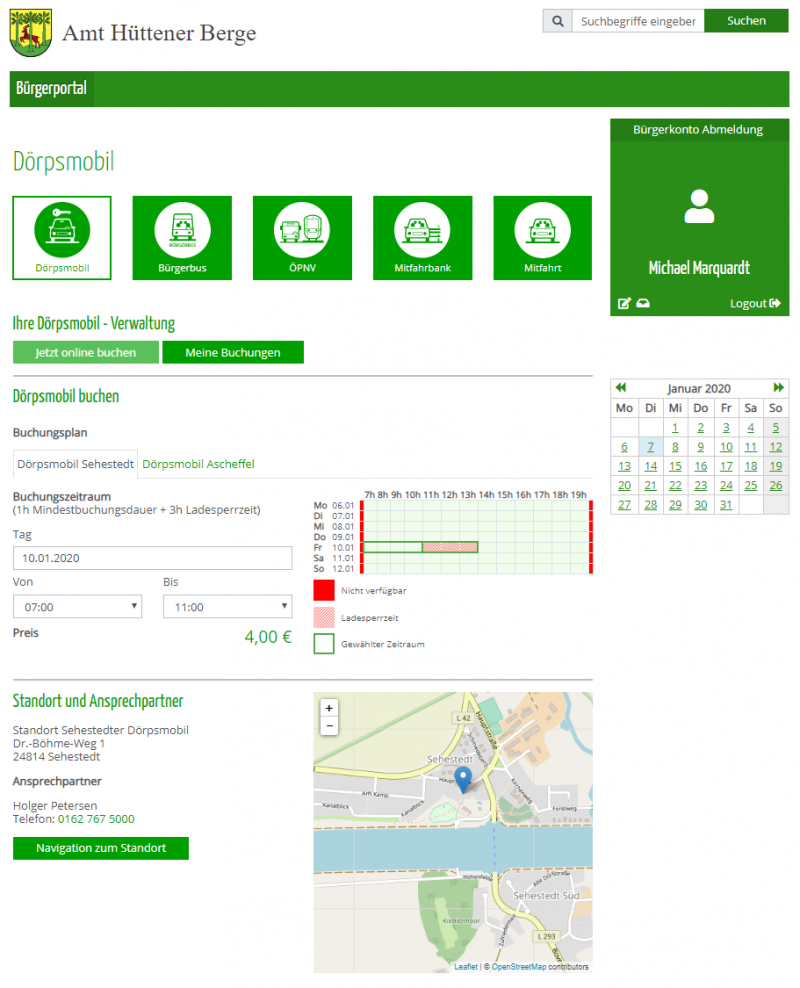 Mobilitätsportal mit Buchungsseite des gemeindlichen Dörpsmobils