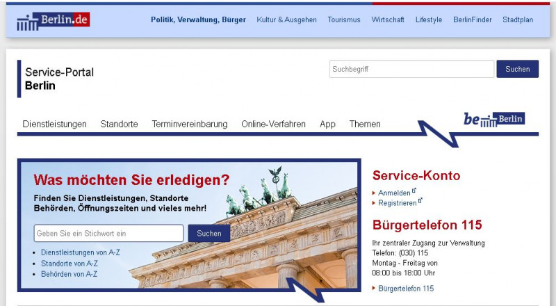 Screenshot des Service-Portal Berlin 