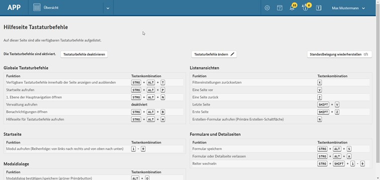 Hilfeseite zu Tastaturbefehlen