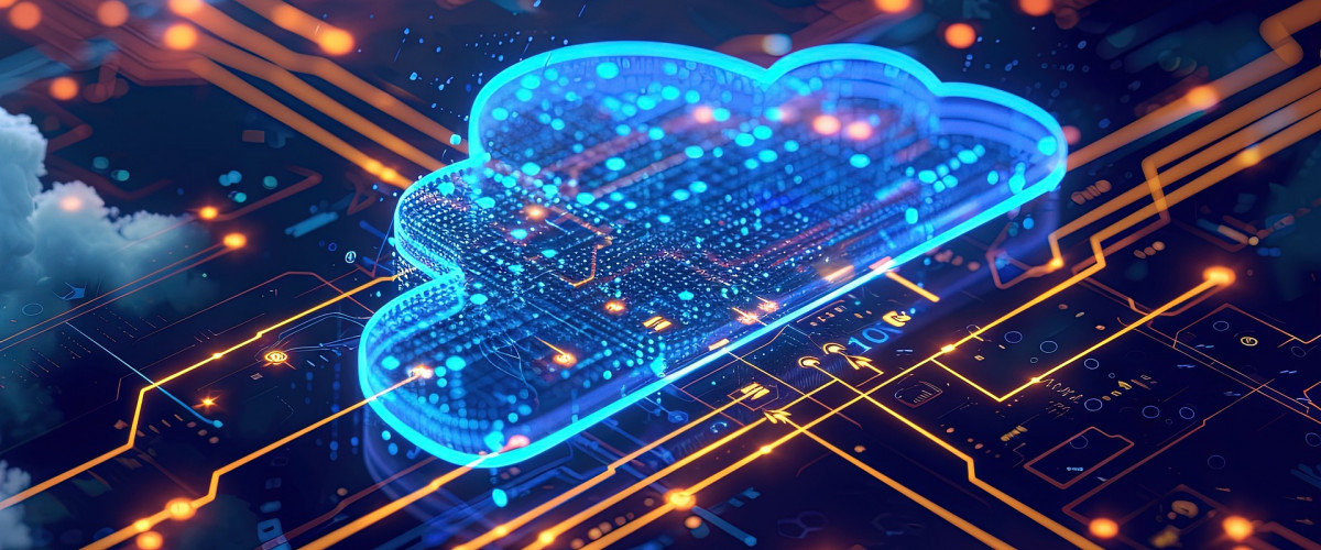 AI generiertes Bild eines wolkenförmiges Symbols vor einem futuristisch-platinenmäßigem Hintergrund